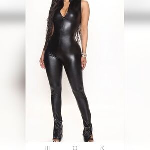 Fashion Nova Black PU Leather Jumpsuit